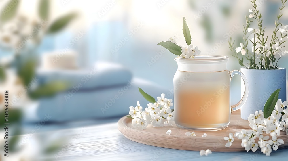 Elegant and Tranquil Spa Lounge with Comfortable Seating Soft Lighting and Herbal Tea Offering a Peaceful Retreat Elegant and Tranquil Spa Lounge with Comfortable Seating Soft Lighting and Herbal Tea Offering a Peaceful Retreat