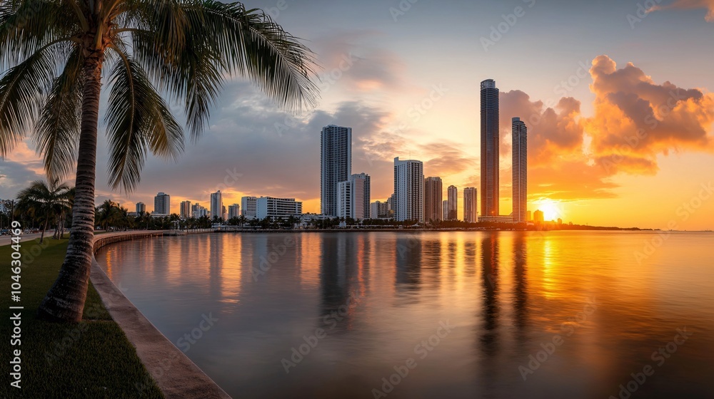 Obraz premium City Skyline at Sunset Over Calm Water