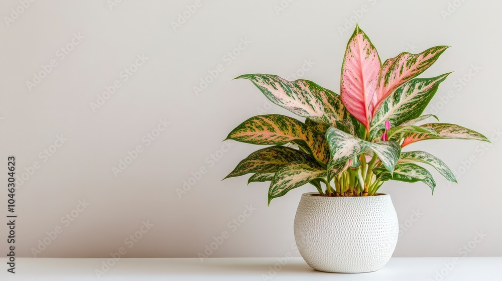 A decorative potted plant with vibrant leaves in a minimalist setting. A decorative potted plant with vibrant leaves in a minimalist setting.