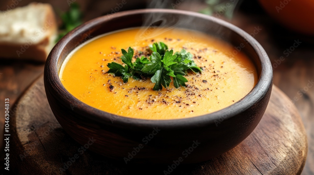 Delicious and Warm Pumpkin Soup in a Rustic Bowl Delicious and Warm Pumpkin Soup in a Rustic Bowl
