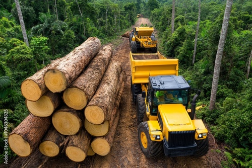 A forest stripped of trees, with logs stacked high and bulldozers parked nearby, symbolizing the environmental devastation caused by deforestation and unchecked development, capturing loss and photo