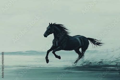 Black Horse Running Through Water