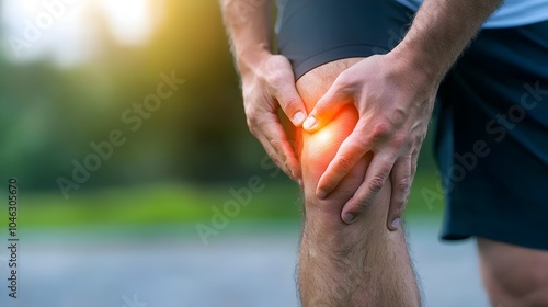 Midsection view of a man experiencing a painful knee cramp with his hand pressing against the affected area in an attempt to find relief and ease the muscle strain