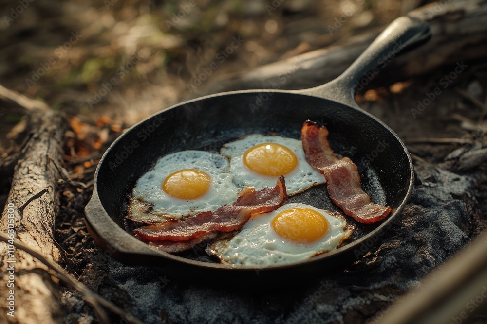 Campfire breakfast with eggs and bacon