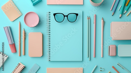 A flat lay of pastel office supplies, including a notebook, pencils, and a pair of glasses, on a blue background.