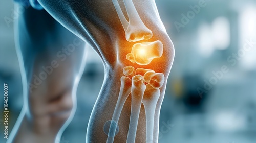 3D X ray visualization of a human knee joint affected by arthritis displaying the internal structure bone and cartilage damage and highlighting the pain points within the joint photo