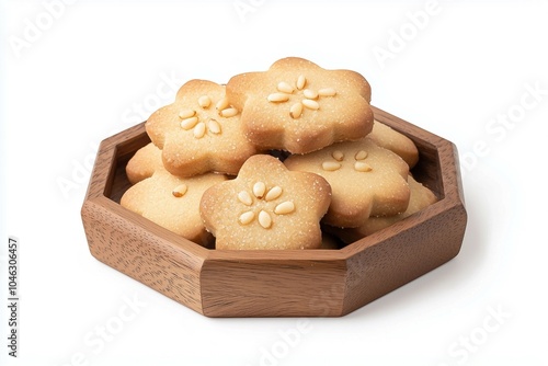 Wallpaper Mural Traditional Flower-Shaped Korean Pine Nut Cookies with a Sprinkling of Sugar on a Wooden Plate Torontodigital.ca