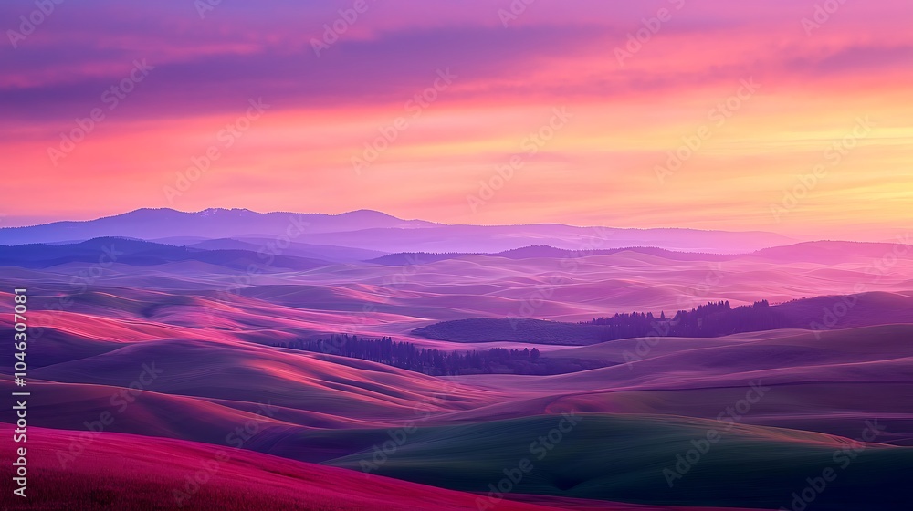 Obraz premium A stunning landscape featuring rolling hills under a vibrant sunset, showcasing rich colors of purple, pink, and soft blues in the sky.
