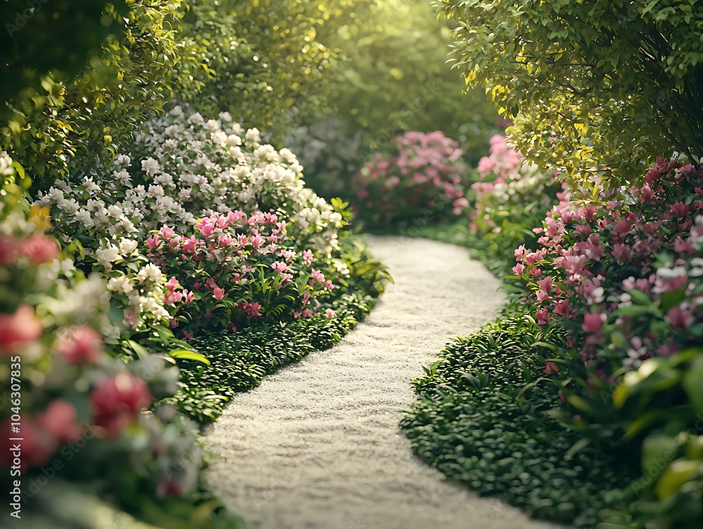 A serene garden path lined with blooming flowers, surrounded by lush greenery, creating a peaceful and picturesque nature setting. A serene garden path lined with blooming flowers, surrounded by lush greenery, creating a peaceful and picturesque nature setting.
