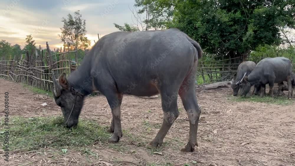 A herd of buffalo is traveling, Group of Thai buffalo running, Herd of buffalo walk dawn from slope in evening light A herd of buffalo is traveling, Group of Thai buffalo running, Herd of buffalo walk dawn from slope in evening light