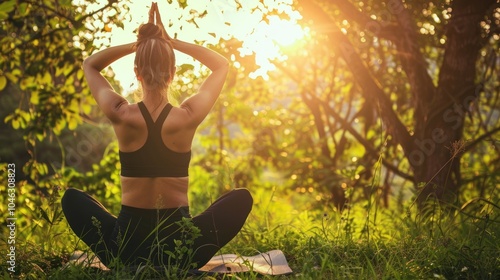 concentration of yoga meditation in nature, woman meditating yoga alone outdoors.