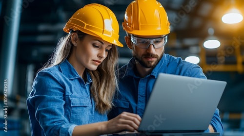 Two maintenance engineers a man and a woman collaboratively conducting a relay protection system check using a laptop in an industrial factory setting They are working together to analyze monitor