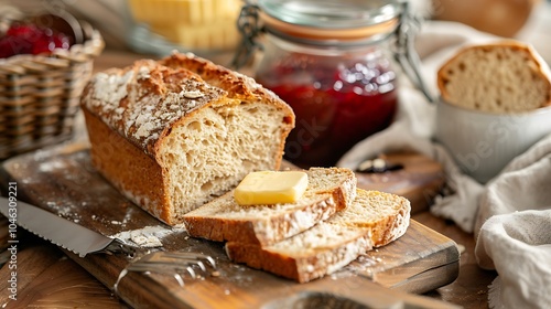 Butter and jam with freshly baked bread on a wooden chopping board