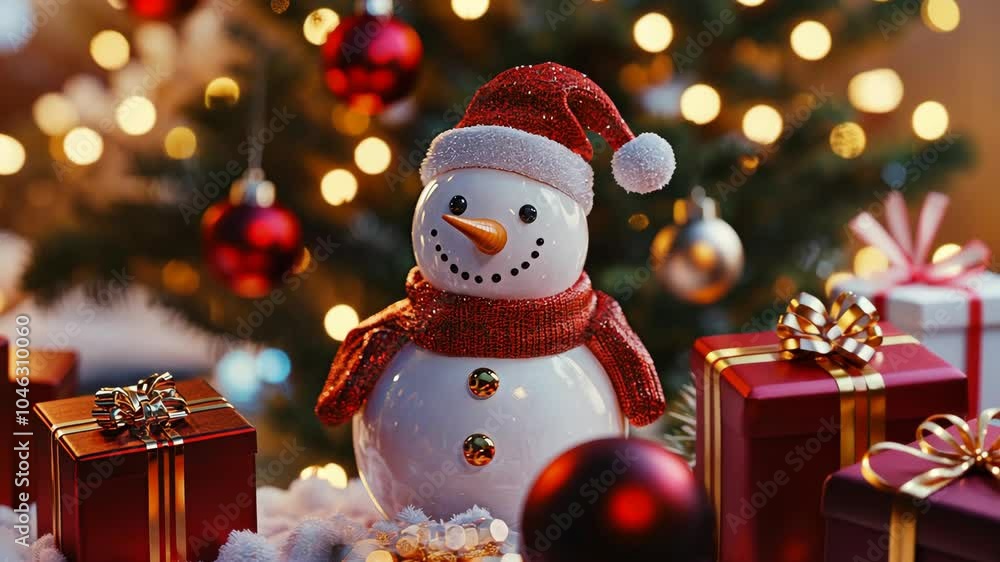 A snowman wearing a red Santa hat and scarf sits among Christmas lights, gifts and ornaments. A snowman wearing a red Santa hat and scarf sits among Christmas lights, gifts and ornaments.