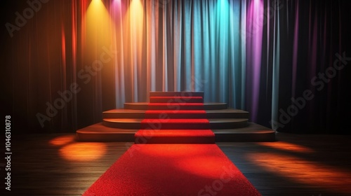 red carpet on wooden stage with red curtain background
