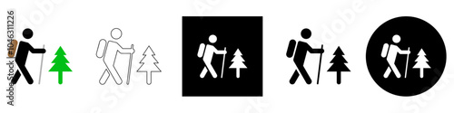 hike mountain hill or wood, hiker with a backpack using a walking stick and pine tree adventure and outdoor activities vector pictogram sign icon symbol ui and ux design, glyphs and stroke line