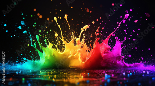 An abstract explosion of neon rainbow ink splashes, splattering randomly across the scene