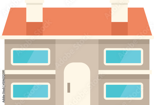 Two storey house with red roof and four windows icon in flat style isolated on white background