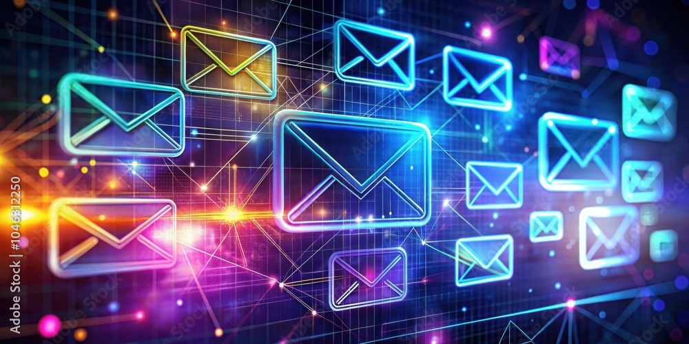 Vibrant holographic email management interface with glowing icons and organized layout, holographic, display, interface Vibrant holographic email management interface with glowing icons and organized layout, holographic, display, interface