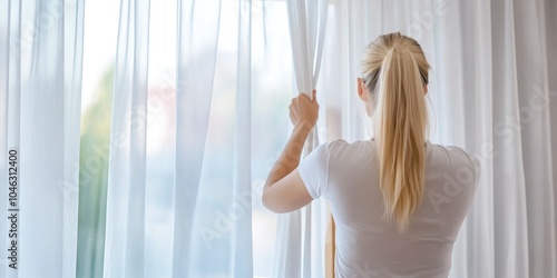 back view of a woman on a ladder is changing the curtains in her home