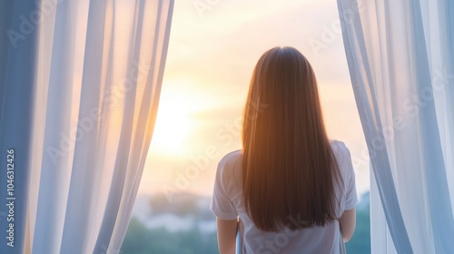 back view of a woman on a ladder is changing the curtains in her home