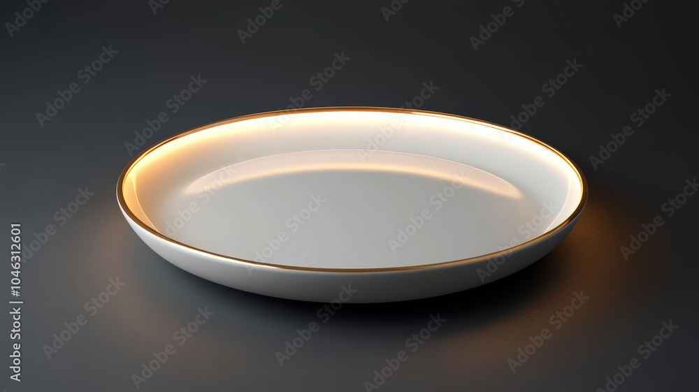 White Bowl with Gold Rim and Glowing Light on Black Background White Bowl with Gold Rim and Glowing Light on Black Background