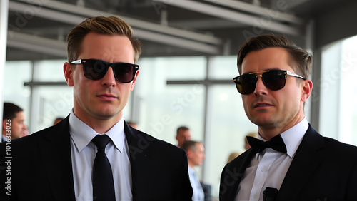 Cool and composed male security personnel in sunglasses vigilantly overseeing an event space photo