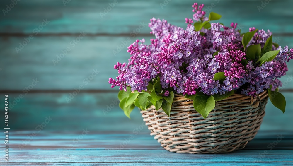 A basket of lilac flowers on a blue wooden background A basket of lilac flowers on a blue wooden background