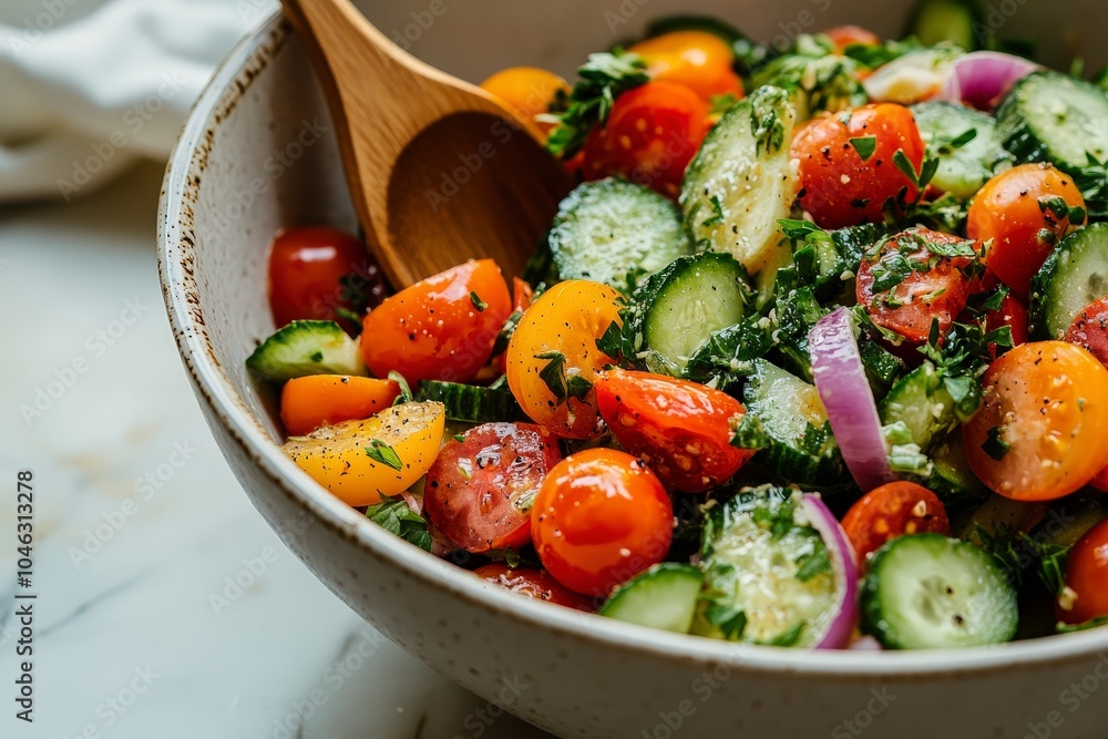 A vibrant salad featuring cherry tomatoes, cucumbers, and herbs in a rustic bowl. A vibrant salad featuring cherry tomatoes, cucumbers, and herbs in a rustic bowl.
