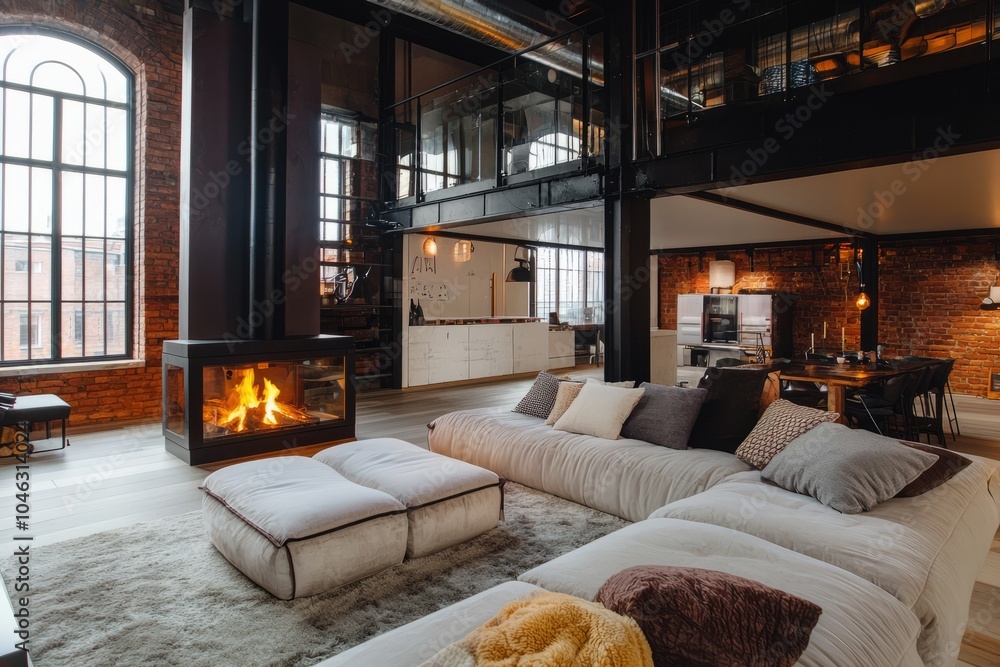 A modern industrial loft with a large living room and a cozy fireplace. Soft cushions and throws invite relaxation and comfort A modern industrial loft with a large living room and a cozy fireplace. Soft cushions and throws invite relaxation and comfort