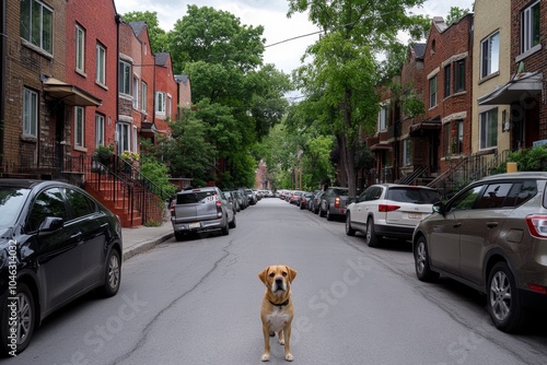 A peaceful tree-lined street in a residential area with parked cars, people walking their dogs, and children playing, symbolizing the sense of community found on neighborhood streets