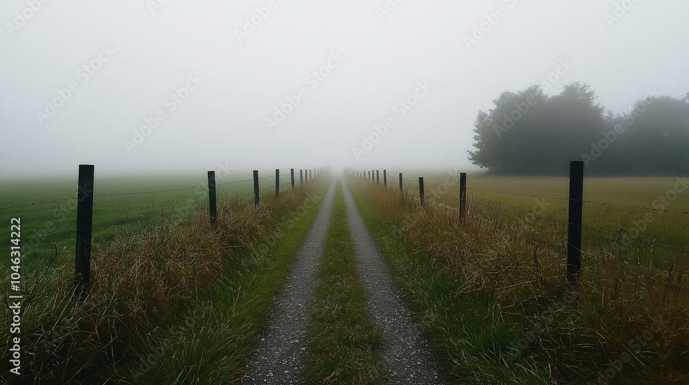 Misty Countryside Pathway on a Foggy Day
