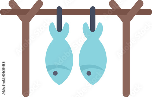 Two fishes hanging on a wooden stick, drying under the sun, traditional method for food preservation