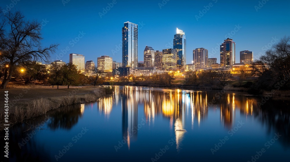 Nighttime City Skyline Reflection Over Water Nighttime City Skyline Reflection Over Water