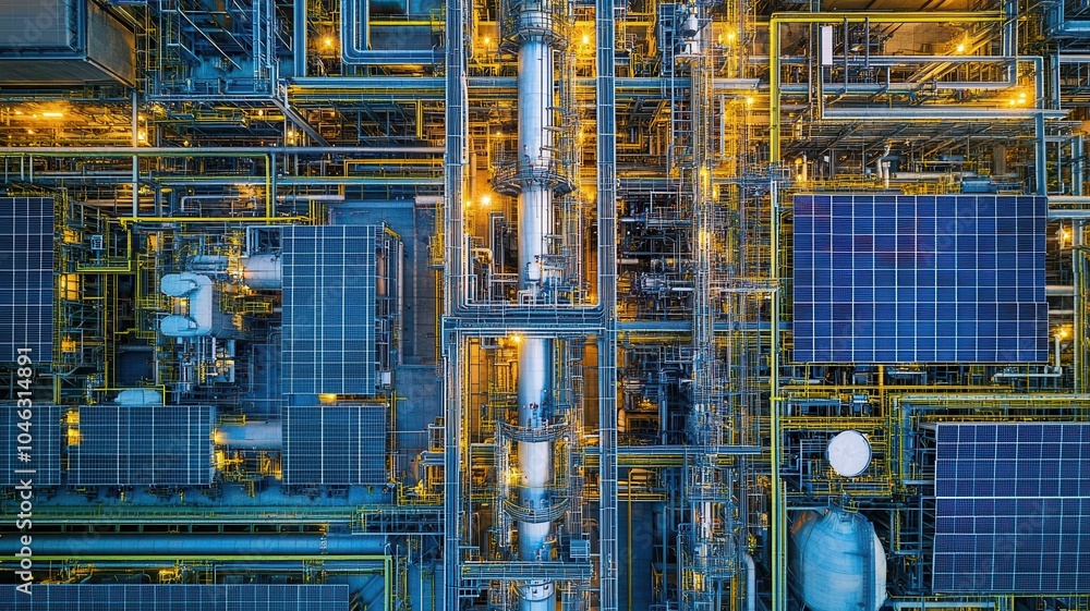 Industrial chemical plant with solar panels, illustrating the integration of renewable energy Industrial chemical plant with solar panels, illustrating the integration of renewable energy