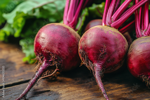 Close-up of a freshly picked beetroot with earthy skin and vibrant purple hue.