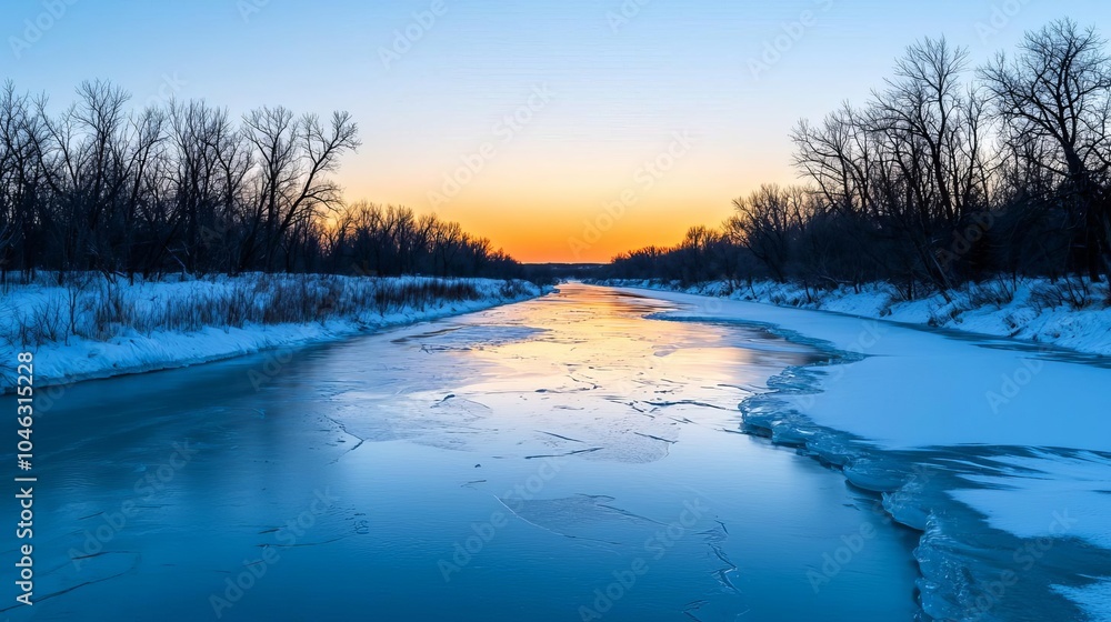 Silhouettes of barren trees along a frozen river, soft winter light from a clearing storm as sunrise paints the horizon, frozen river, sunrise, storm clearing Silhouettes of barren trees along a frozen river, soft winter light from a clearing storm as sunrise paints the horizon, frozen river, sunrise, storm clearing