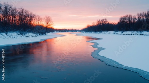 Snow flurries dancing over frozen river at dawn, warm light breaking through stormy skies, tranquil winter scene, winter storm, frozen river, dawn