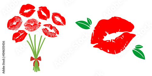 set of lip print bouquet or bundle flower, Lips grunge lipstick kiss print or imprint, mouth stained mark, sensuality sexuality or romance element vector