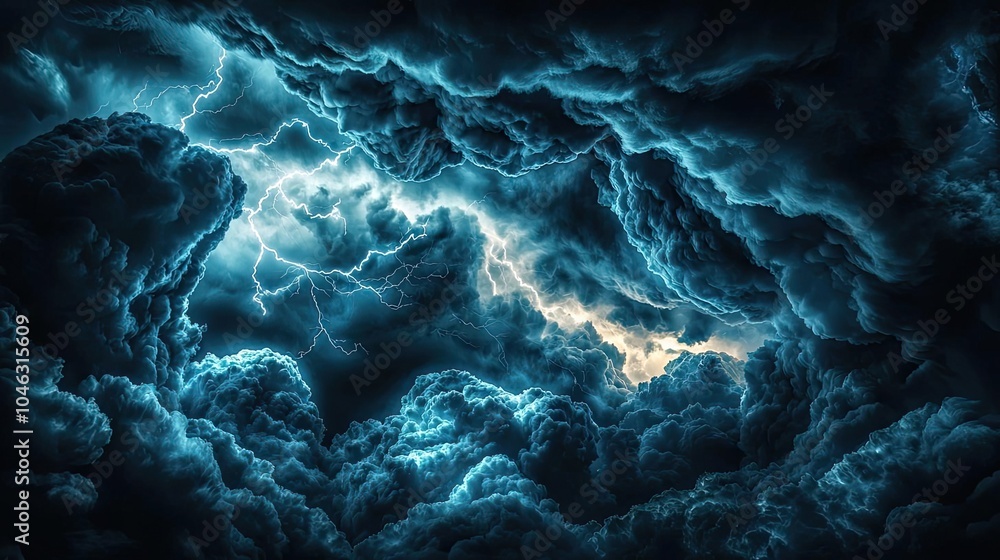 Dramatic storm clouds illuminated by lightning, creating an intense atmosphere. Dramatic storm clouds illuminated by lightning, creating an intense atmosphere.