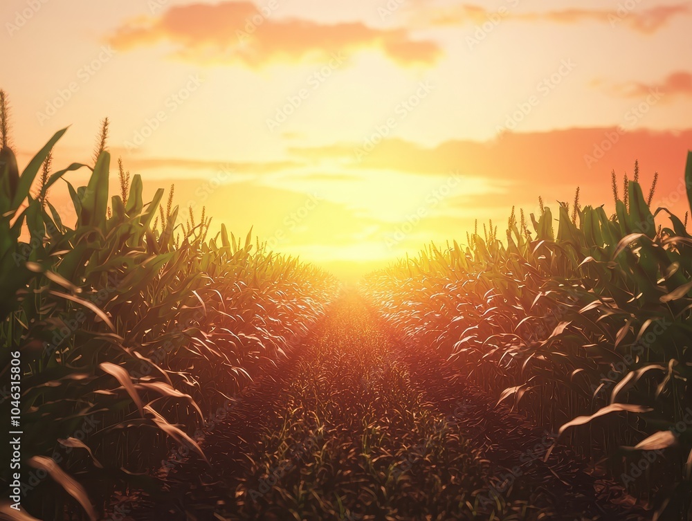 Corn Field at Sunset with Row Perspective Corn Field at Sunset with Row Perspective