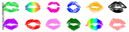 set of lip print colorful or rainbow, Lips grunge lipstick kiss print or imprint, mouth stained mark, sensuality sexuality or romance element vector