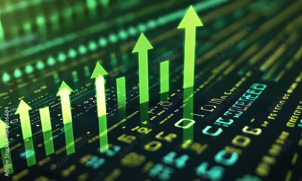 custom made wallpaper toronto digital3D rendering of glowing green arrows pointing upwards on a digital background with blue lights and bokeh effects. A conceptual illustration symbolizing growth, progress or business success