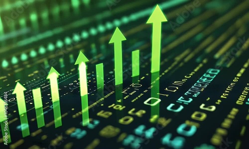 Wallpaper Mural 3D rendering of glowing green arrows pointing upwards on a digital background with blue lights and bokeh effects. A conceptual illustration symbolizing growth, progress or business success Torontodigital.ca