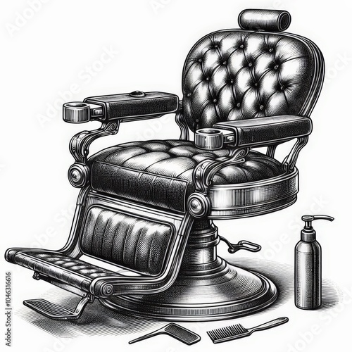 Classic barber's chair with leather upholstery, retro grooming style sketch engraving. Black and white image.