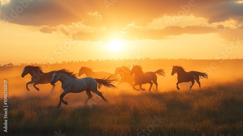 Horses running in sunset silhouette