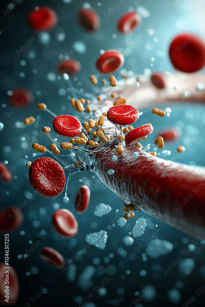 Fototapeta premium Microscopic journey exploring the intricate interactions of red blood cells and bacteria in the human circulatory system