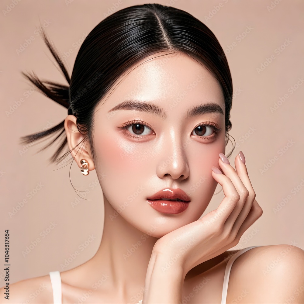Fototapeta premium Close-up of a woman with smooth skin, sleek hair tied back, gently touching her cheek, glowing makeup, and neutral background.