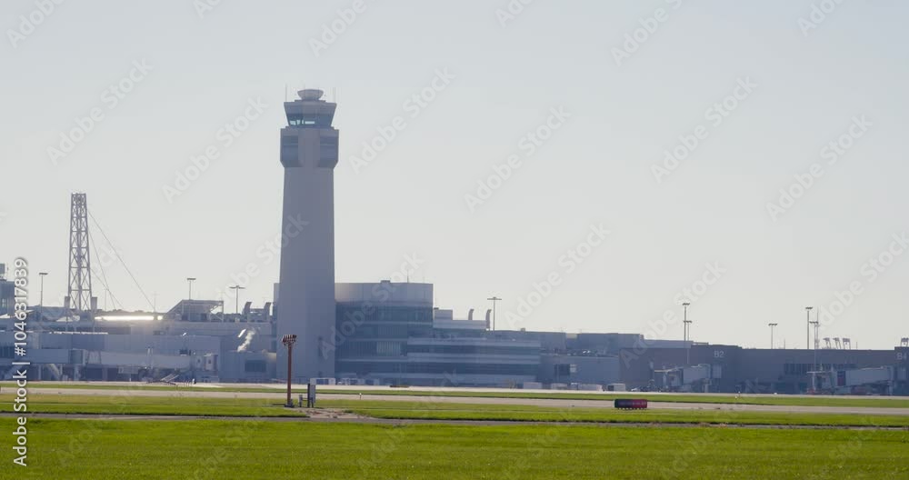 A still shot of the air traffic control tower at the airport, showcasing its distinctive architecture against the sky. The tower stands as a symbol of safety and coordination in air travel. A still shot of the air traffic control tower at the airport, showcasing its distinctive architecture against the sky. The tower stands as a symbol of safety and coordination in air travel.