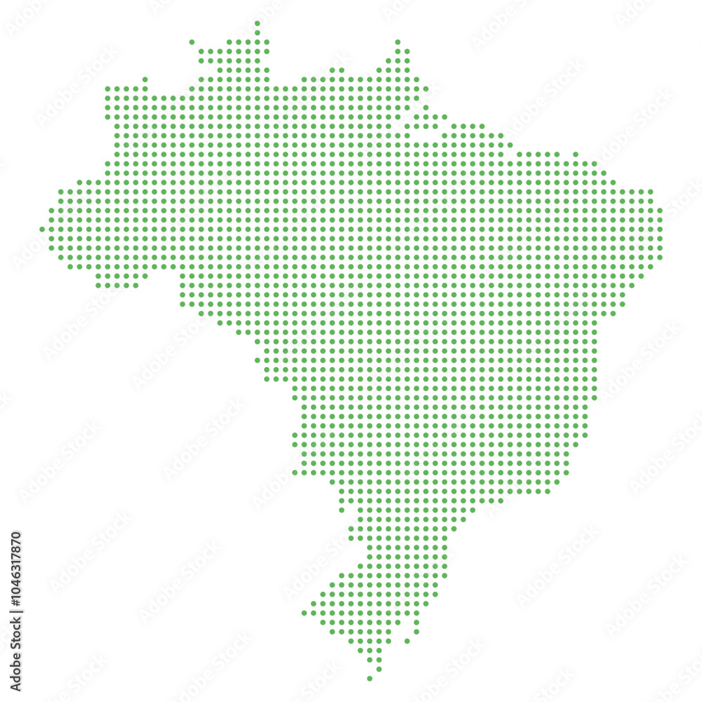 Green dotted map of Brazil. Abstract representation with small green dots forming the shape of Brazil. Minimalistic design, perfect for infographics, presentations, and geographic visualizations. Green dotted map of Brazil. Abstract representation with small green dots forming the shape of Brazil. Minimalistic design, perfect for infographics, presentations, and geographic visualizations.